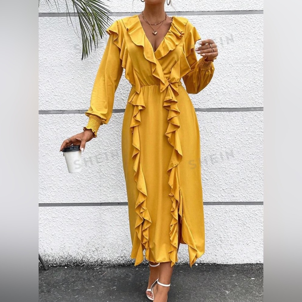 Essence Ruffle Trim Lantern sleeve Dress